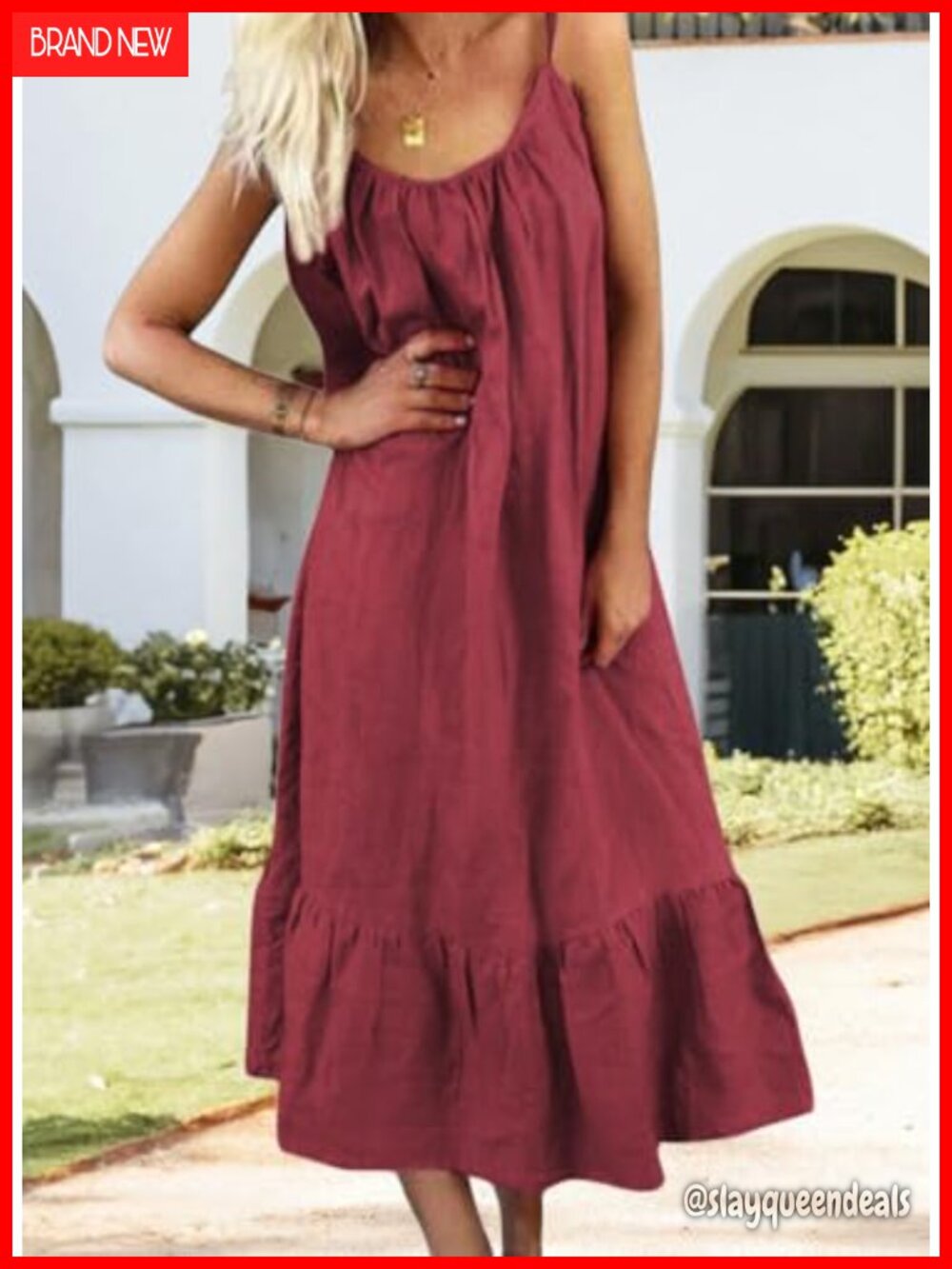 Cotton Linen Spaghetti Strap Beach Dress Casual Loose A-Line Midi Sundress - Picture 2 of 2